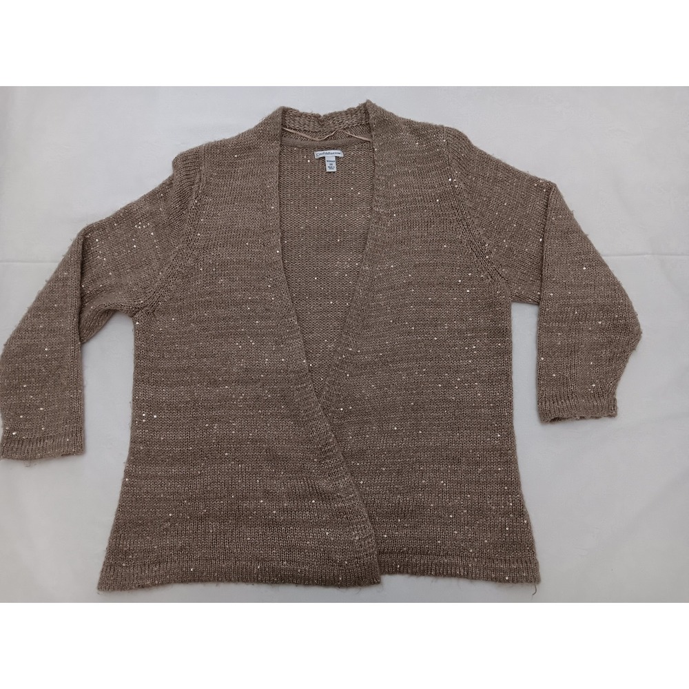 Croft & Barrow Womens Cardigan Sweater 2X Tan Sequin Open Front Knit